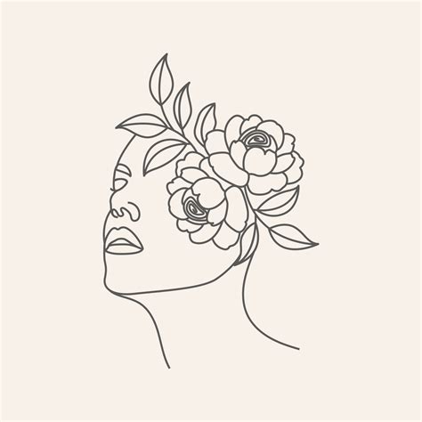 Fashion Line Drawing Floral Woman Face And Abstract Girl Illustration ...