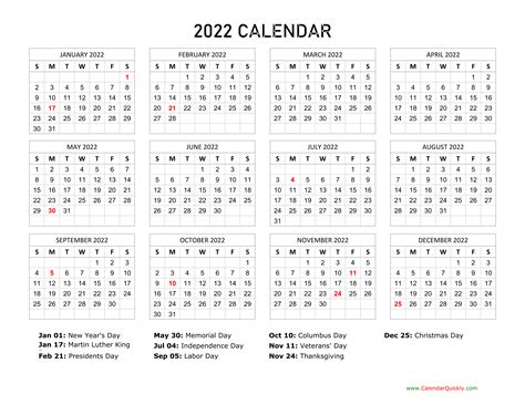 2022 Calendar with Holidays | Calendar Quickly