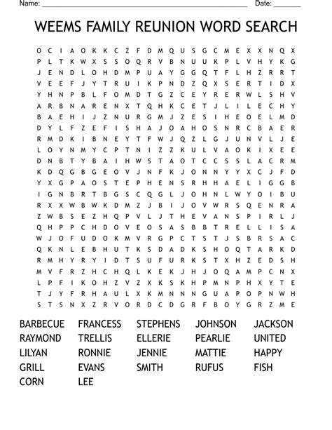 WEEMS FAMILY REUNION WORD SEARCH - WordMint