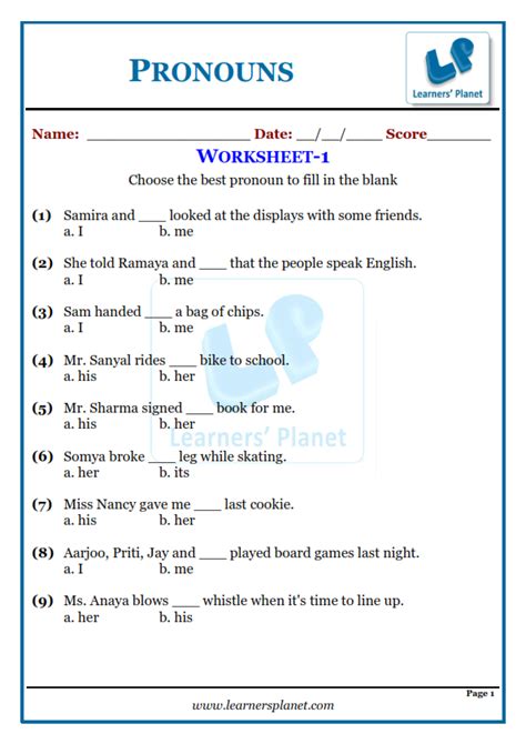 Worksheets on pronouns