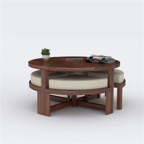 Exeter Solid Wooden Circular Coffee Table with 4 Stools - Natural Finish - Decornation