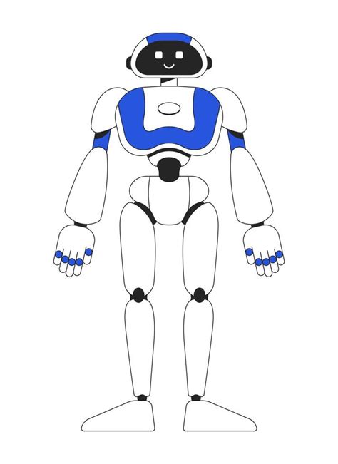 Standing humanoid robot with smile linear flat color vector character ...