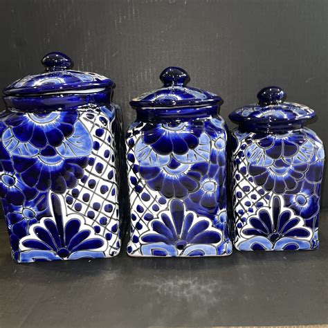 Canister Set of 3 Large Blue and White Rim Hand Painted Hand - Etsy