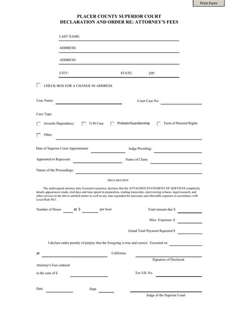 County of Placer, California Declaration and Order Re: Attorney's Fees - Fill Out, Sign Online ...