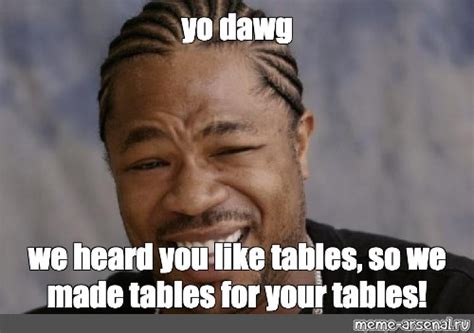 Meme: "yo dawg we heard you like tables, so we made tables for your tables!" - All Templates ...