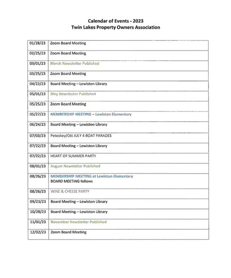 Calendar of Events | TLPOA Lewiston, MI