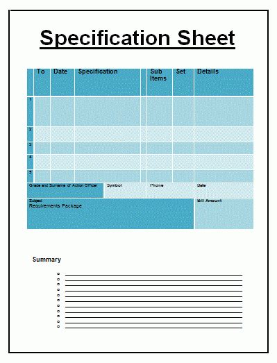 An specification sheet template is a sheet of paper that is most inventively use to gives the ...