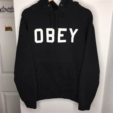 Obey Men's Black and White Hoodie | Depop