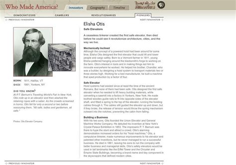 Pbs: Who Made America?: Innovators: Elisha Otis Handout for 9th - 10th Grade | Lesson Planet