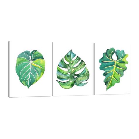 Green Plant Wall Art, Simple 3 Piece Leaf Wall Decor, Minimalist Watercolor Leaves Prints, 12x36 ...