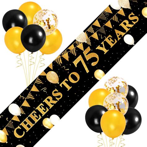 Buy 75th Birthday Decorations, Birthday Banner 'Cheers To 75 Years' Gold and Black Fabric Photo ...