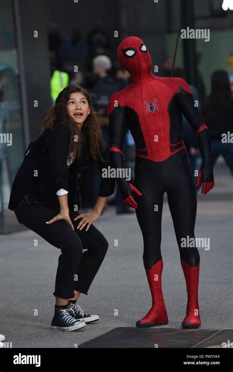 New York, NY, USA. 12th Oct, 2018. Zendaya, Tom Holland on location for SPIDER-MAN: FAR FROM ...