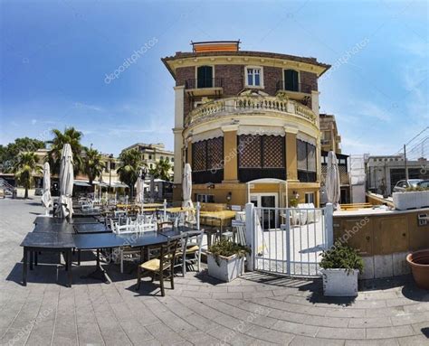 Ostia Lido street view with a beautiful liberty style palace and ...