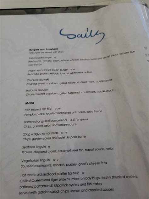 Menu at Sails Restaurant, Hamilton Island