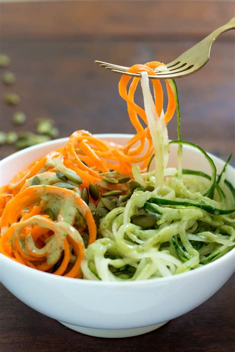 Spiralized Carrot Cucumber Noodles Salad with Avocado Dressing