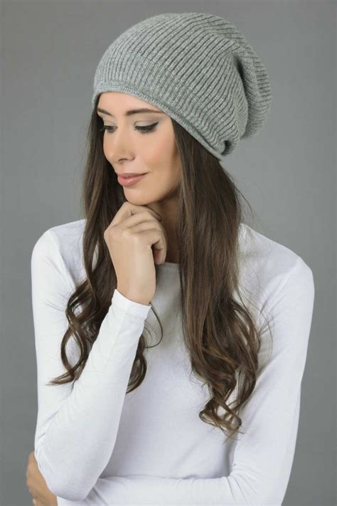 Pure Cashmere Ribbed Knitted Slouchy Beanie Hat in Light Grey | Italy in Cashmere UK