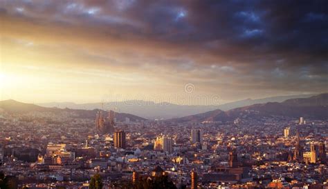 Barcelona in sunset time stock photo. Image of panorama - 87740430