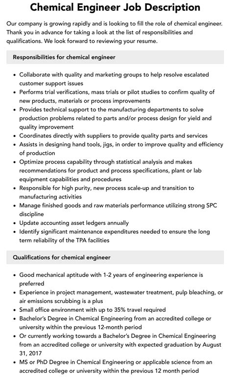 Chemical Engineer Job Description | Velvet Jobs