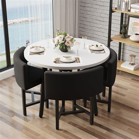 40" Round Wooden Small Nesting Dining Table Set for 4 Black Upholstered ...