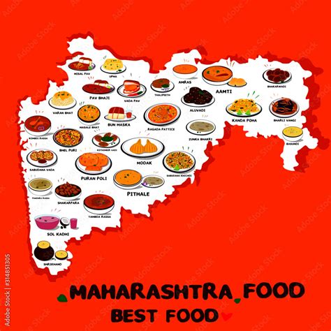 Maharashtra Food or Marathi food Vector in Maharashtra Map Stock Vector ...