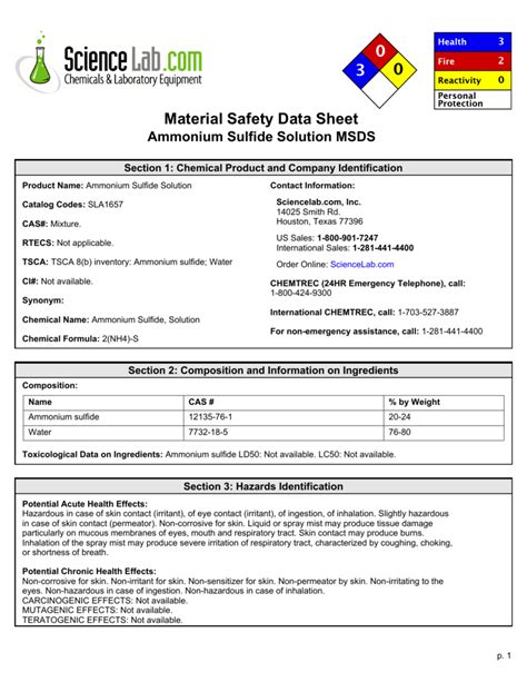 Material Safety Data Sheet Ammonium Sulfide Solution MSDS