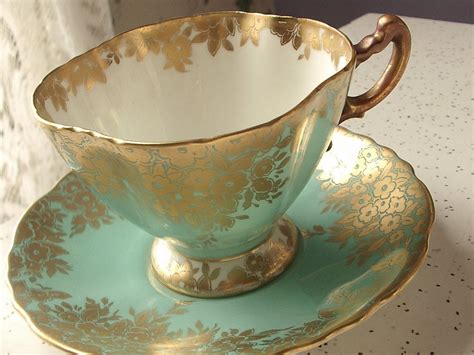 Vintage turquoise green tea cup and saucer set, Hammersley English tea set, green and gold bone ...