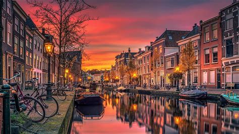 HD wallpaper: amsterdam, canal, sunset, houses, bicycle, boats, germany ...