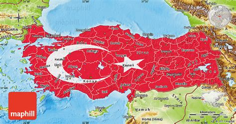 Flag Map of Turkey, physical outside