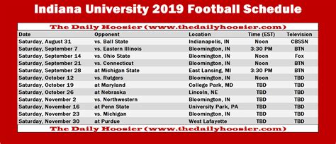 Indiana Football: The 2019 Schedule | Printable Version – The Daily Hoosier