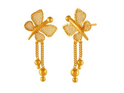 22K Gold Drop Earrings | Butterfly shaped | Jali Work | PC Chandra Jewellers