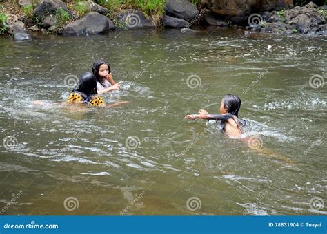 Laotian Three Girl People Play and Swimming in Stream of Tad Yea ...