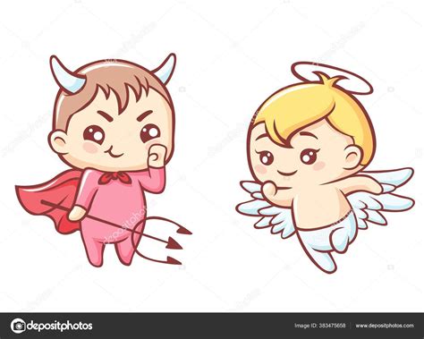 Pequenos desenhos animados de anjo e demónio. Kawaii anjo bonito com ...