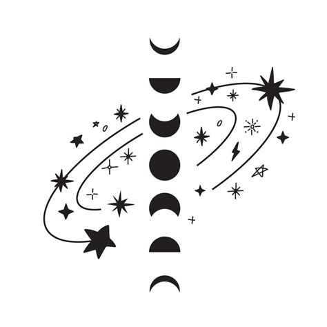 Moon phases silhouettes with stars. Crescent, new, full, surface and ...