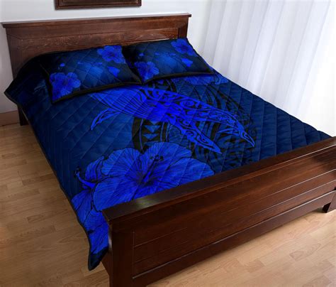 Hawaiian Whale Swim Hibiscus Polynesian Quilt Bedding Set – Blue – Gift4Family