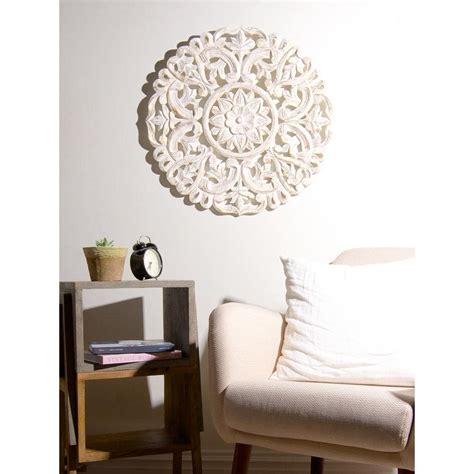 Best Home Fashion Round Decorative Whitewashed Carved Wood Wall Panel WALL_RR12-WHITE - The Home ...