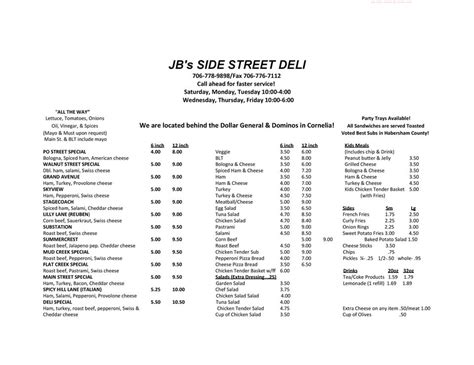 Menu at Side Street Deli restaurant, Cornelia