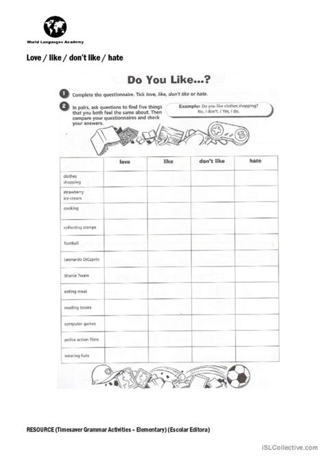 Love / Like / Don't like / Hate: English ESL worksheets pdf & doc