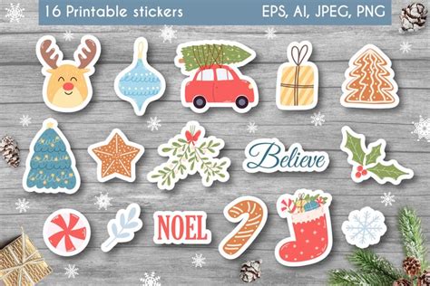 16 printable Christmas and New Year stickers bundle