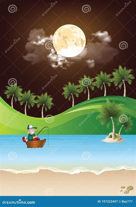 Sea Fisherman in Boat at Night Stock Illustration - Illustration of grass, full: 197222497