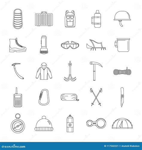 Mountaineering Equipment Icons Set, Outline Style Stock Vector - Illustration of carabiner ...