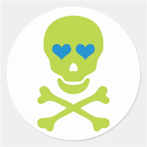 Green Skull Crossbones & Heart Eyes Classic Round Sticker | Zazzle