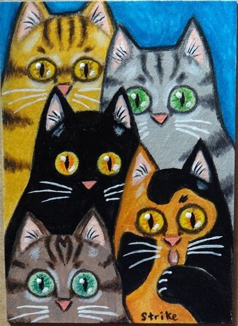 ACEO Miniature 5 Cats Staring Black Grey Ginger Tabby Calico Folk Art by STRIKE #Miniature | Cat ...