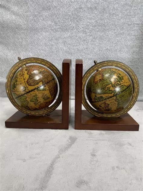 VINTAGE OLD WORLD Globe Bookends Set with Rotating Globes on Wood Base $31.48 - PicClick