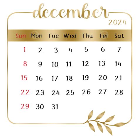 December 2024 Gold Leaves Calendar, 2024, Monthly Calendar, December PNG Transparent Clipart ...