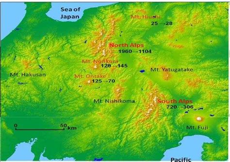 Distribution of high mountains in central Honshu and the change of ...