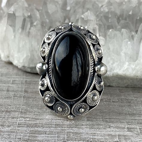 Black Obsidian Ring Adjustable Sterling Silver for Women | Etsy