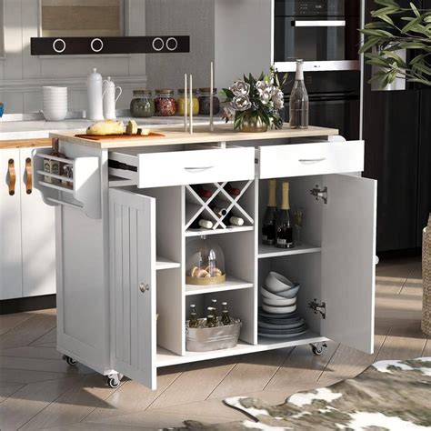 White Kitchen Cart with Two Storage Cabinets and Four Locking Wheels ...