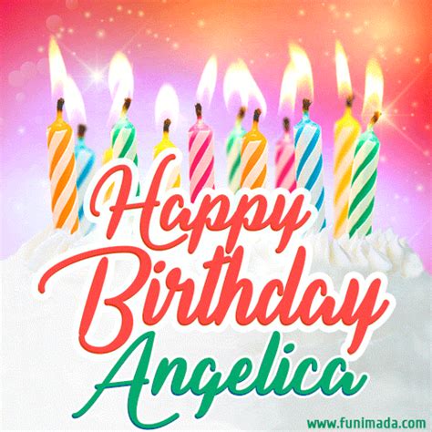 A white creme cake with colorful candles and the words 'Happy Birthday Angelica' in a ...