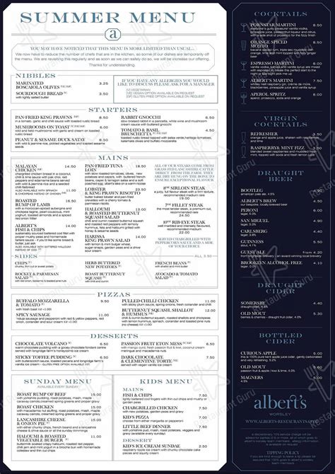 Menu at Albert's Worsley pub & bar, Swinton