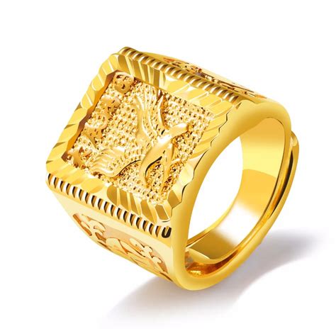 Pure Gold Color Engraved Eagle Men's Ring Hip hop Jewelry Cool Big Golden Ring for Men Open End ...